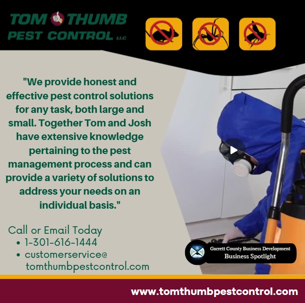 Today's Business Spotlight 📣 is on Tom Thumb Pest Control! 
Visit them at www.tomthumbpestcontrol.com
Follow us to see more daily Garrett County Business Spotlights!
If you are interested in having your business featured contact Connor Norman at cnorman@garrettcounty.org. #businessdevelopment #garrettcountymd